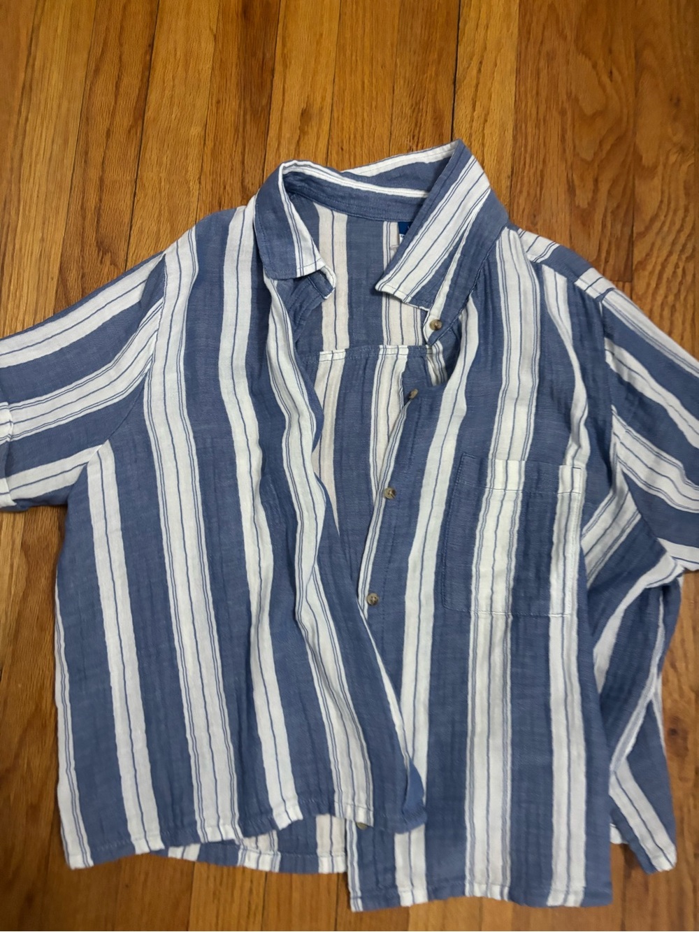 Women’s Blue and White Striped Button-Up Shirt large